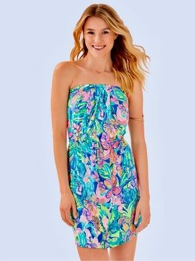 LILLY PULITZER Windsor Vibrant Tropical Print Strapless Sundress Resort Wear, XS